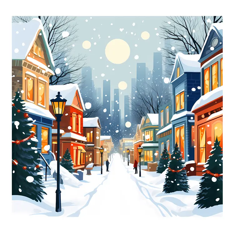 Snowy Neighborhood with Christmas Lights