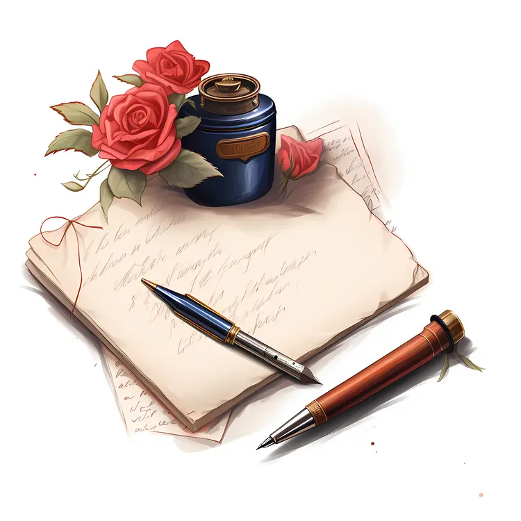 Writing Tools with Roses and Ink Bottle