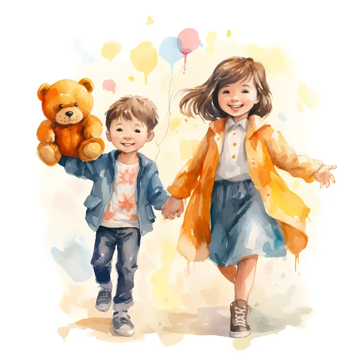 Happy Children Holding Hands with Teddy Bear and Balloons