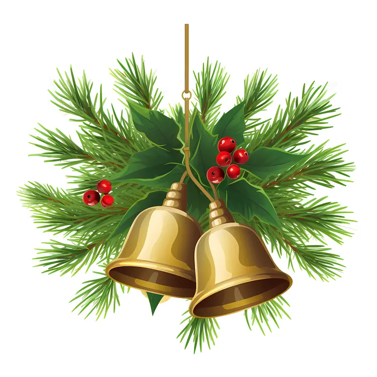 Golden Bells with Pine Branches and Red Berries for Christmas
