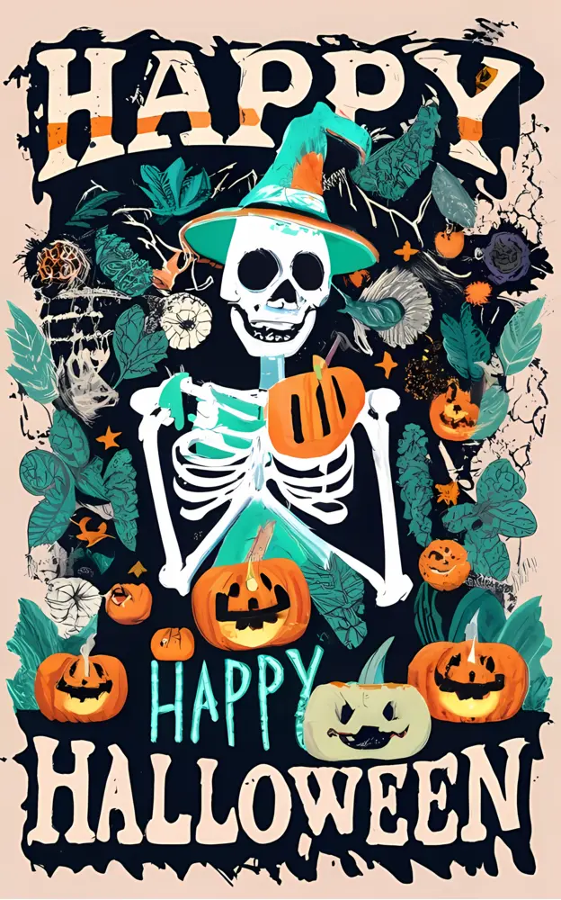 Happy Halloween with Skeleton and Pumpkins