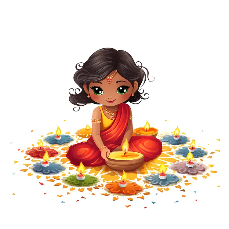 Girl with Diya Lamps Celebrating Diwali