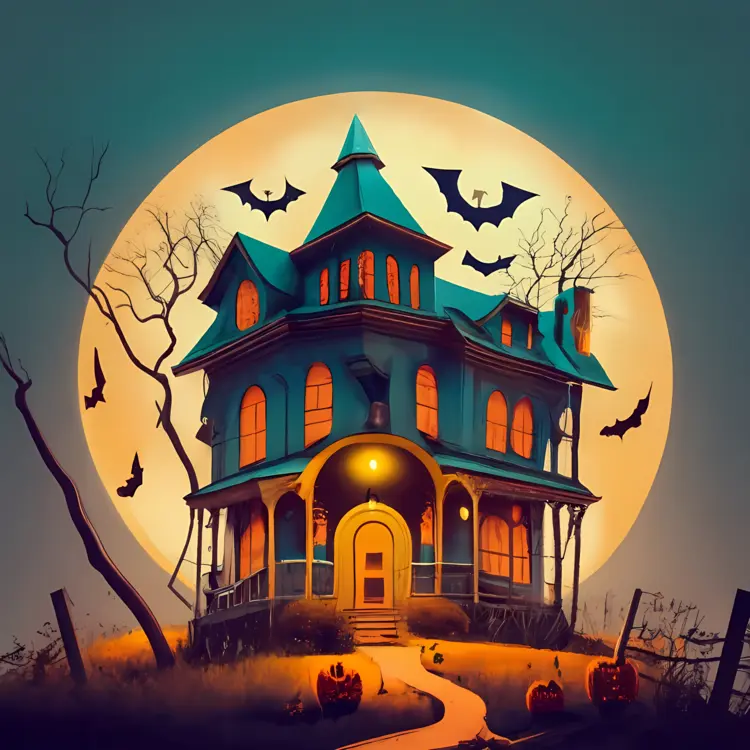 Spooky Haunted House with Bats and Full Moon