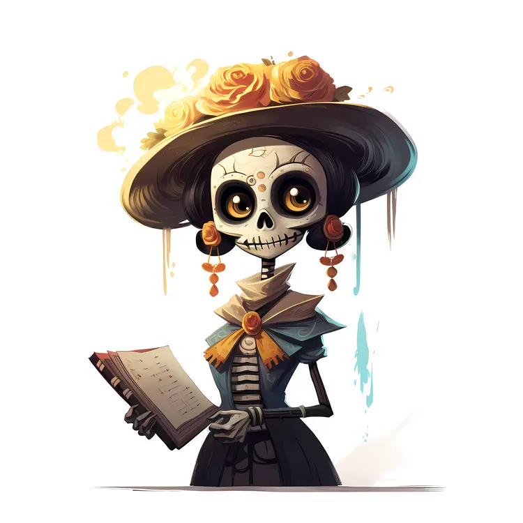 Skeleton with Book and Flower Hat