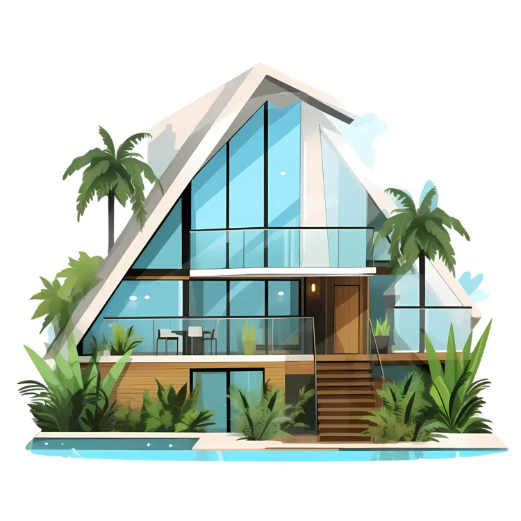 Modern A-frame house with glass windows and palm trees