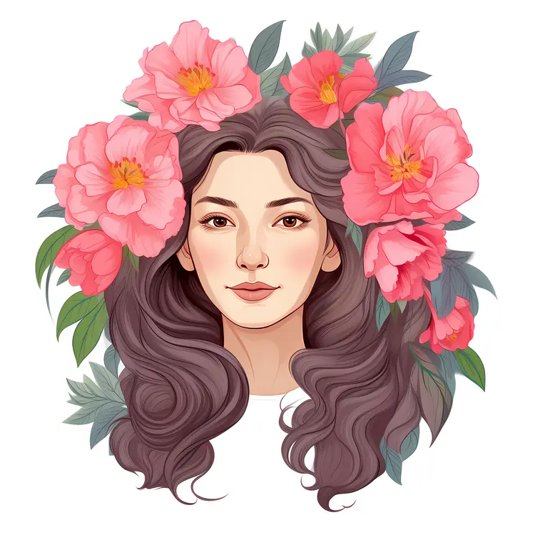 Graceful Woman with Red Flowers in Hair