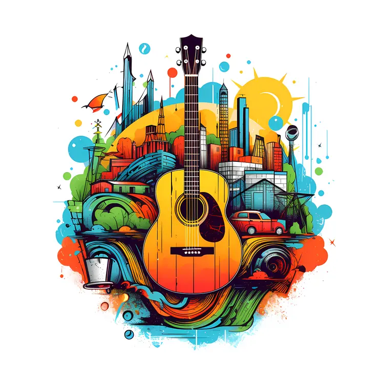 Colorful Cityscape with Guitar