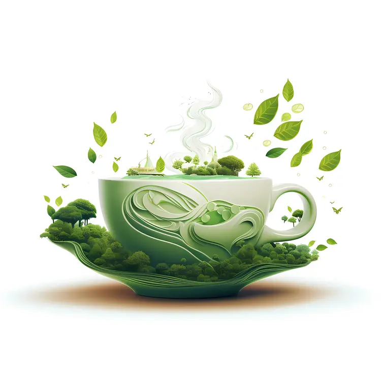 Green Tea Cup with Leaves and Steam