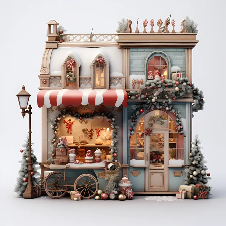 Christmas Shop with Decorations and Snow