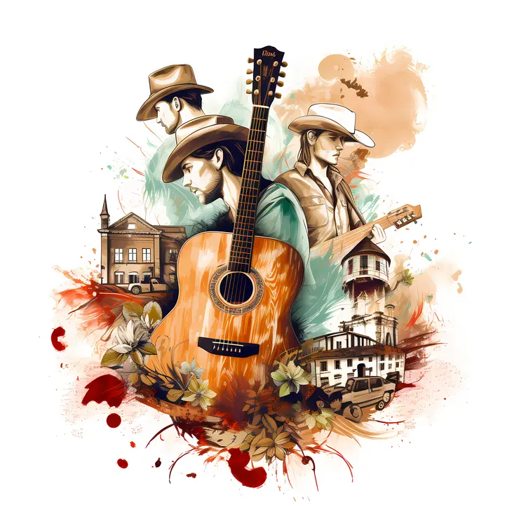 Western Guitar with Cowboys and Historic Buildings