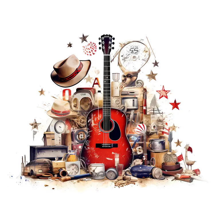 Red Guitar with Hat and Stars