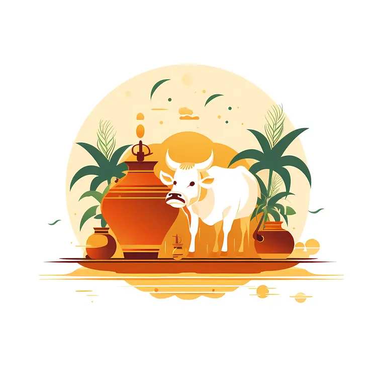 White Cow with Pots and Plants