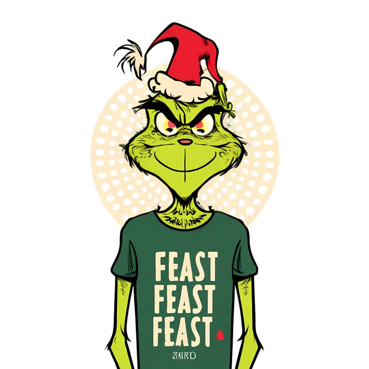 Grinch in Santa Hat with 'FEAST FEAST FEAST' Shirt