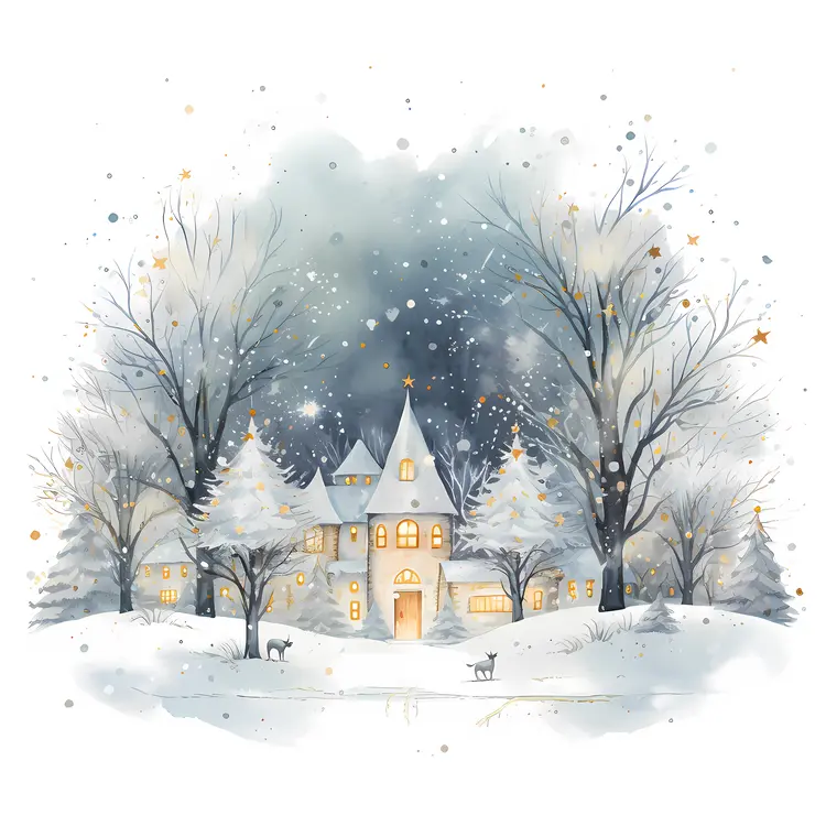 Snowy House with Christmas Lights