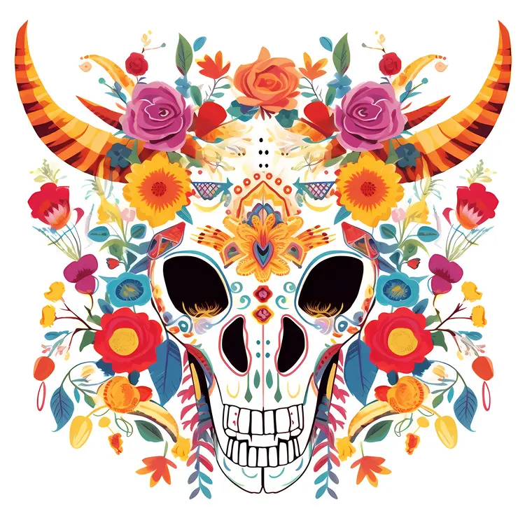 Colorful Skull with Floral Decorations for Day of the Dead