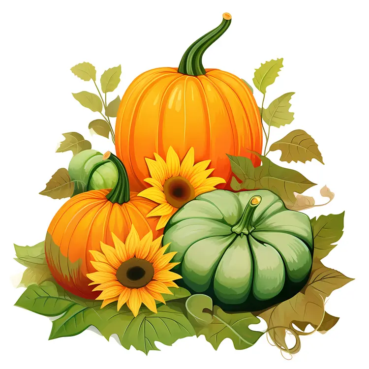 Pumpkins and Sunflowers with Green Leaves