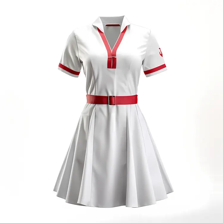 White Dress with Red Trim and Belt