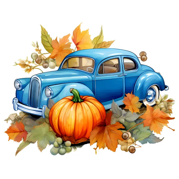 Blue Vintage Car with Pumpkins and Leaves