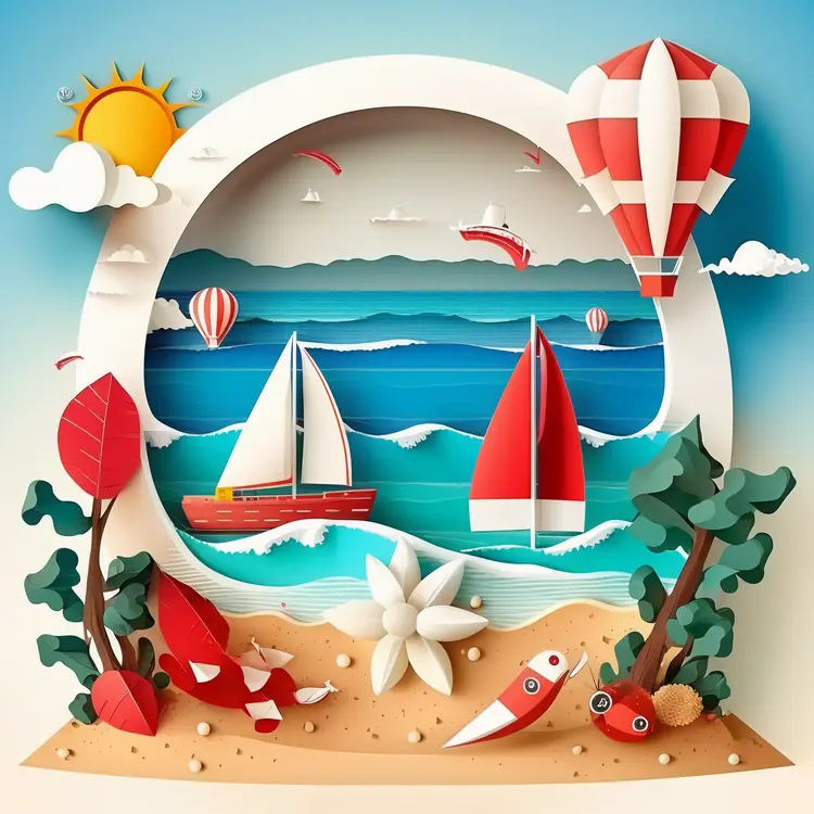 Colorful Sailboats and Hot Air Balloons on a Sunny Beach