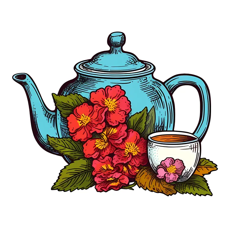 Blue Teapot with Floral Decoration and Cup