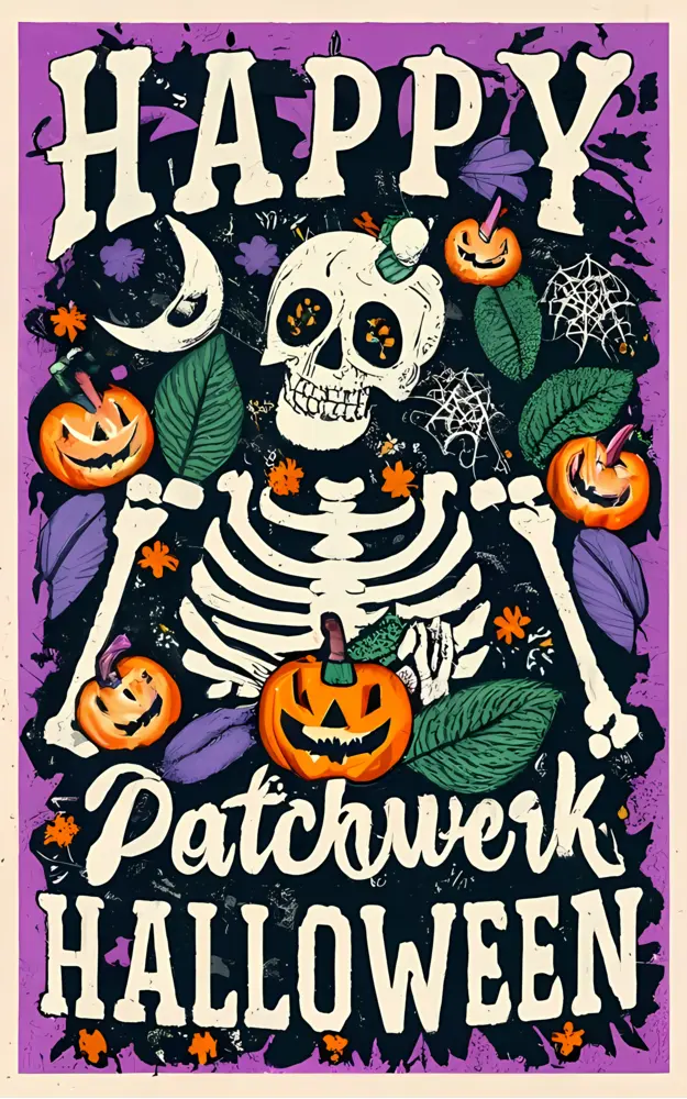 Skeleton with Pumpkins and Leaves