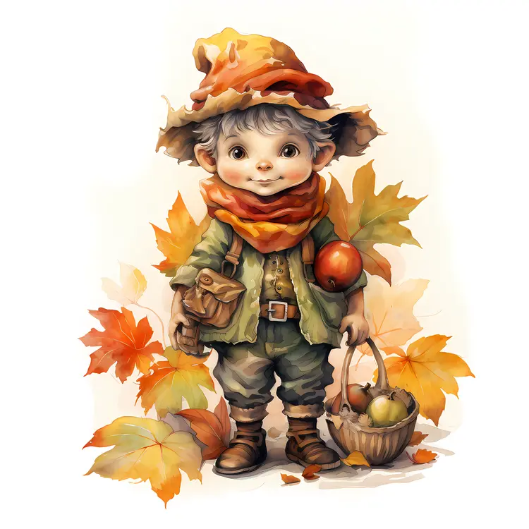 Cute Child with Autumn Leaves and Basket
