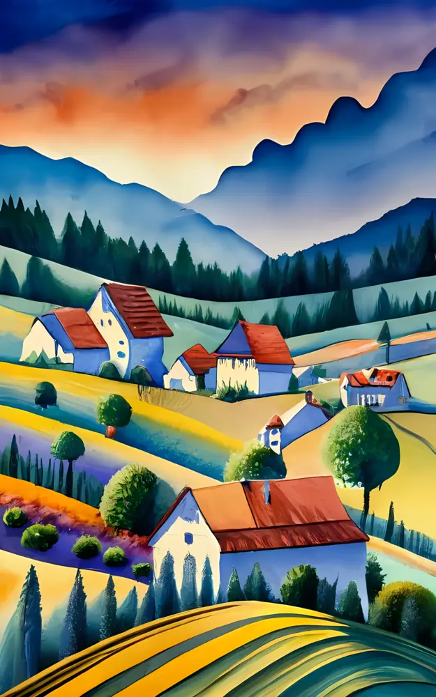Picturesque Village in the Countryside at Sunset