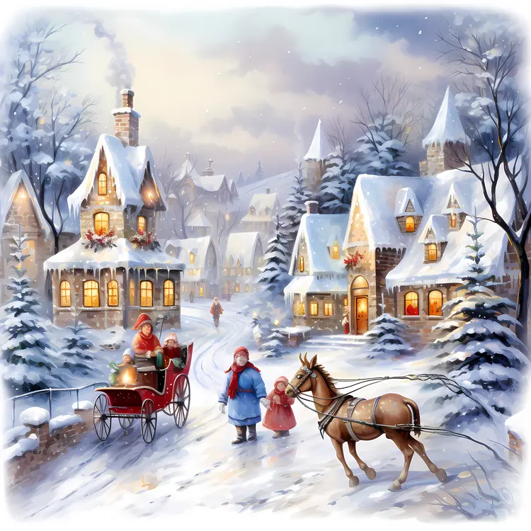 Snowy Village with Horse and Carriage