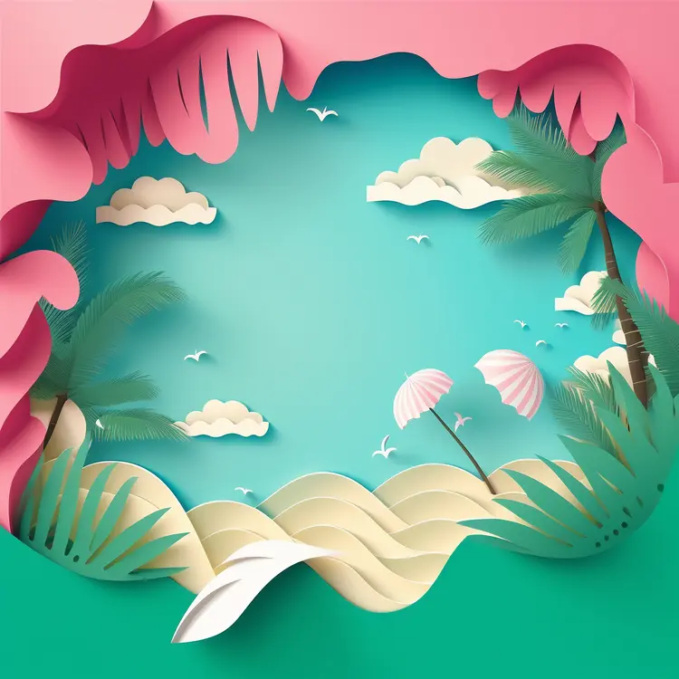 Tropical Beach Scene with Palm Trees and Umbrellas in Paper Art Style