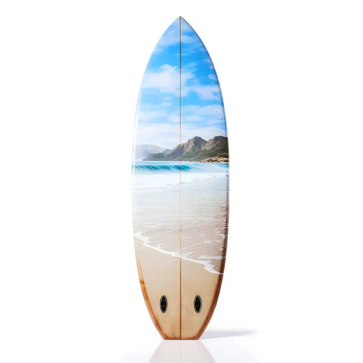 Surfboard with Beach and Sky Design