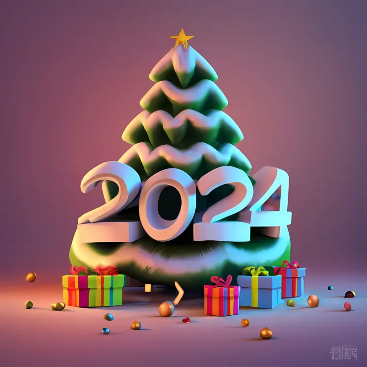 Decorated Christmas Tree with 2024 and Gifts