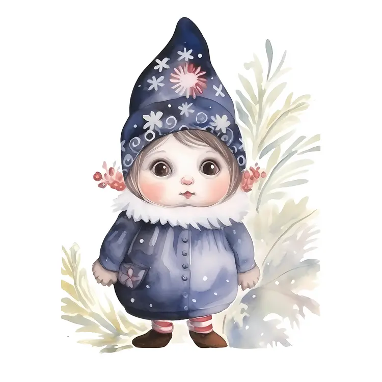 Cute Gnome in Blue Hat with Snowflakes