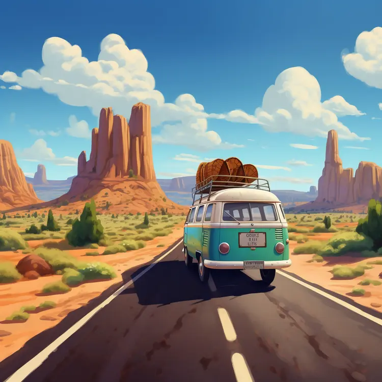 Retro Volkswagen Van on a Scenic Desert Journey
