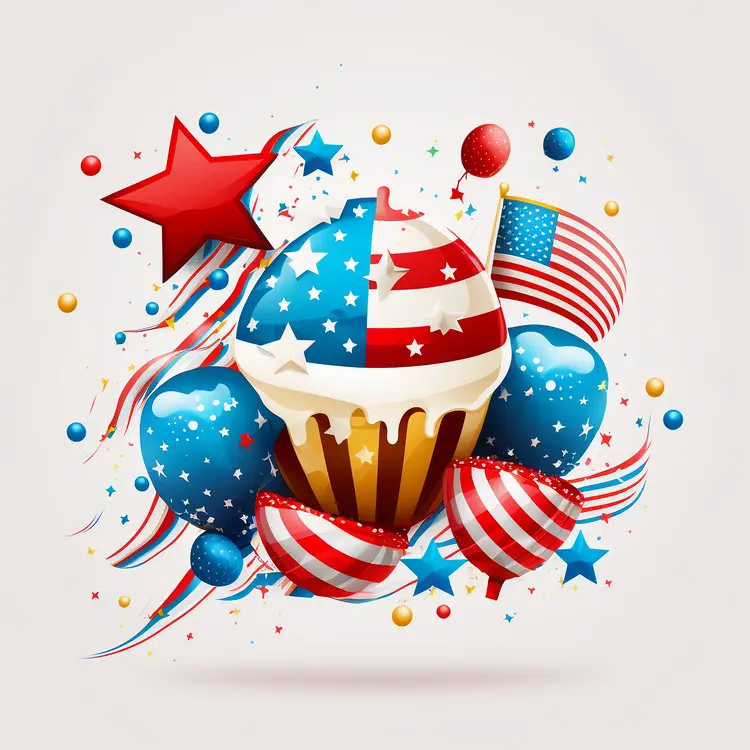 Patriotic American Flag Cupcake with Stars and Balloons