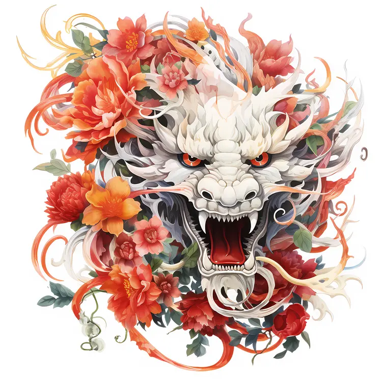 White Dragon Head with Flowers Illustration