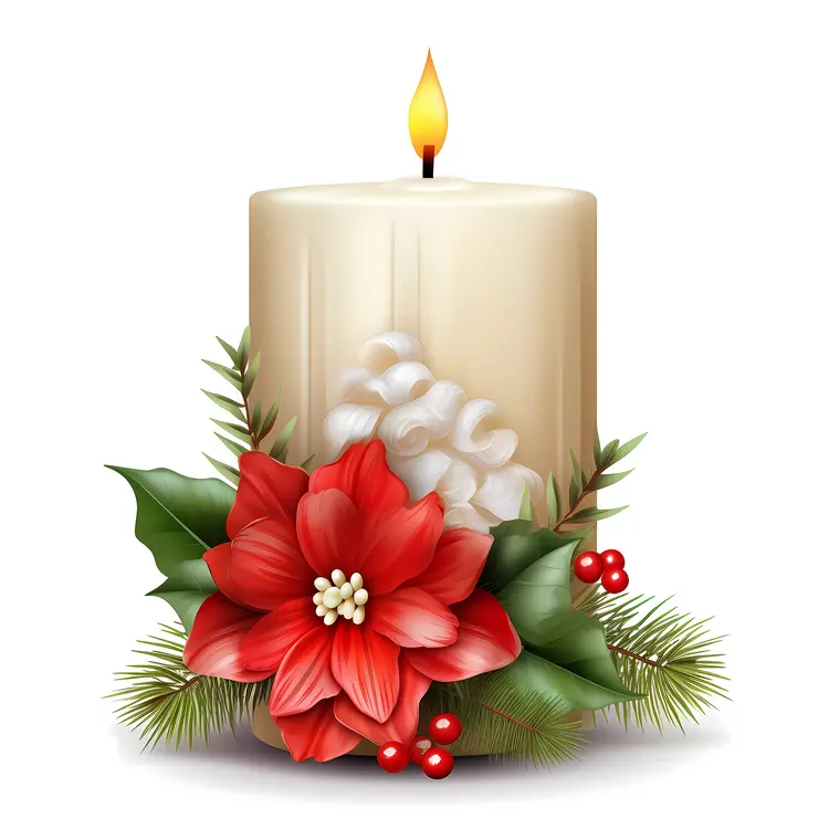 White Candle with Holly and Berries for Christmas