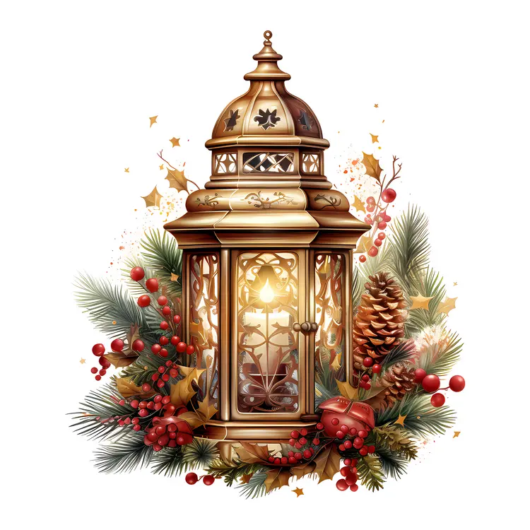 Golden Lantern with Berries and Pinecones