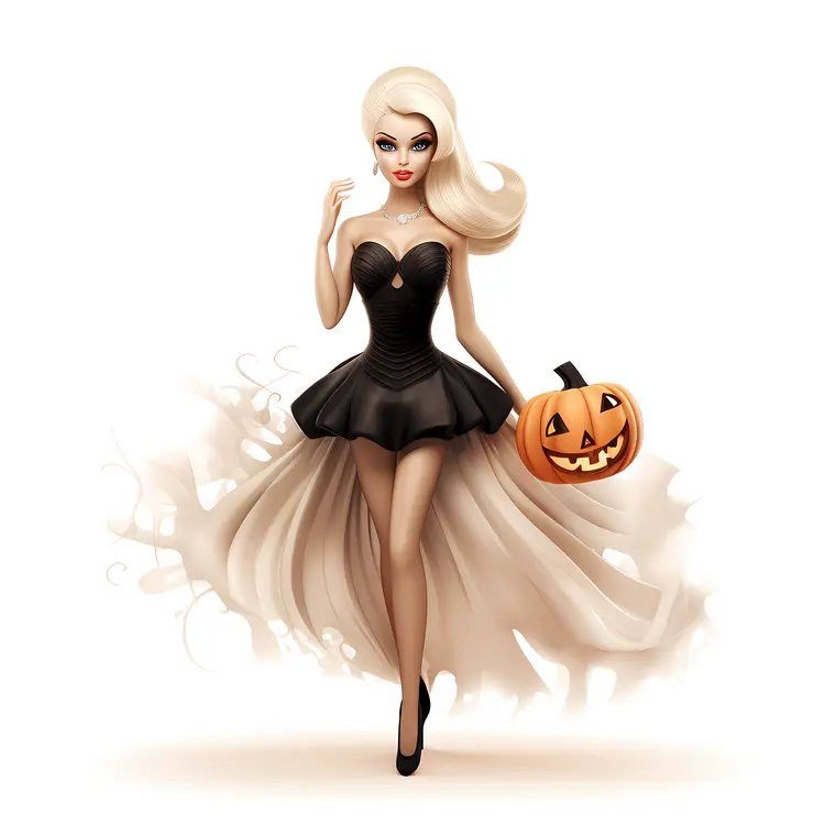 Blonde Halloween Doll with Black Dress and Pumpkin