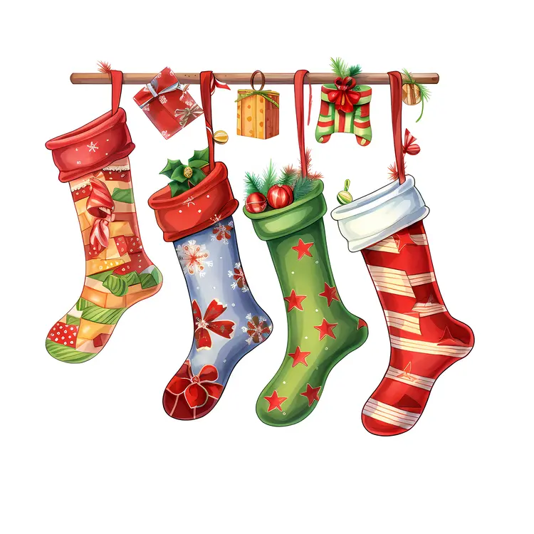Christmas Stockings with Garland and Gifts