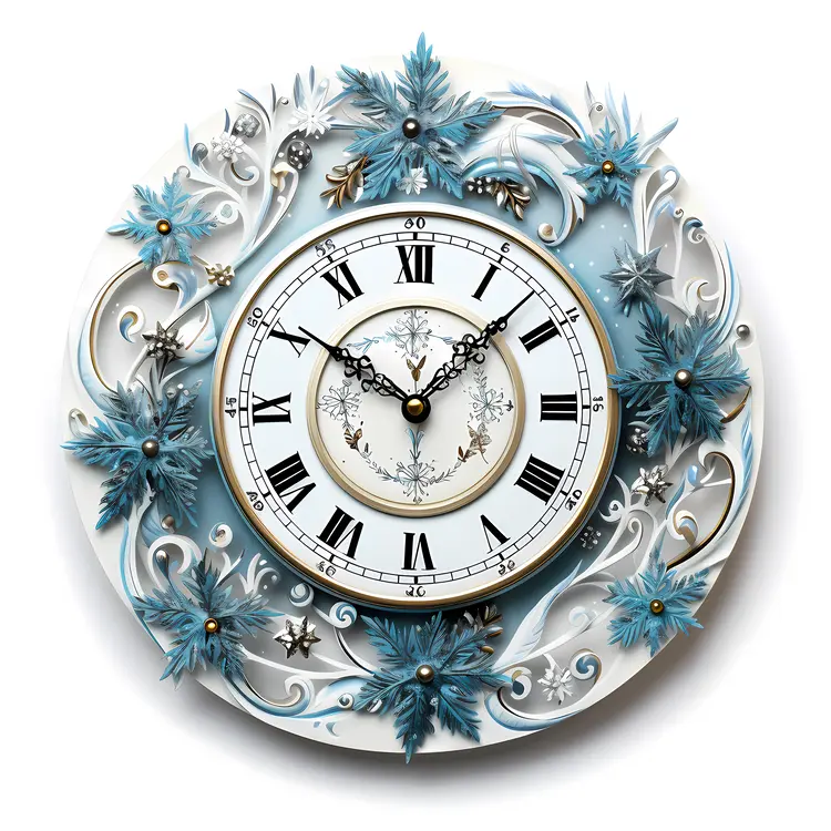 Floral Winter Clock with Snowflakes