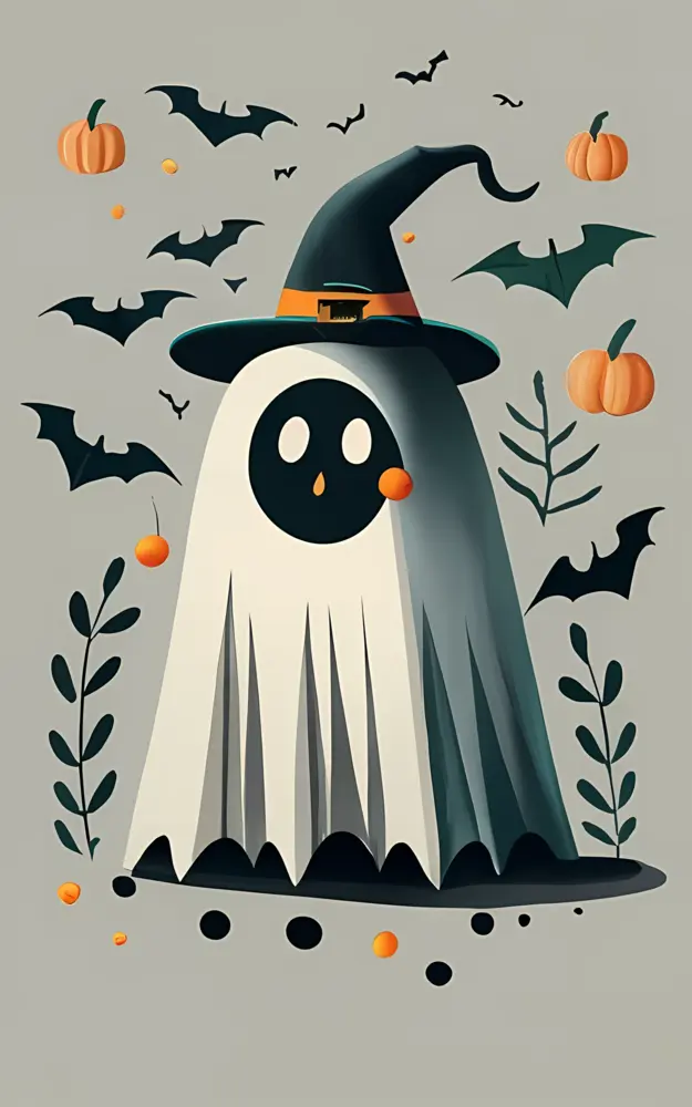 Cute Ghost with Witch Hat and Pumpkins