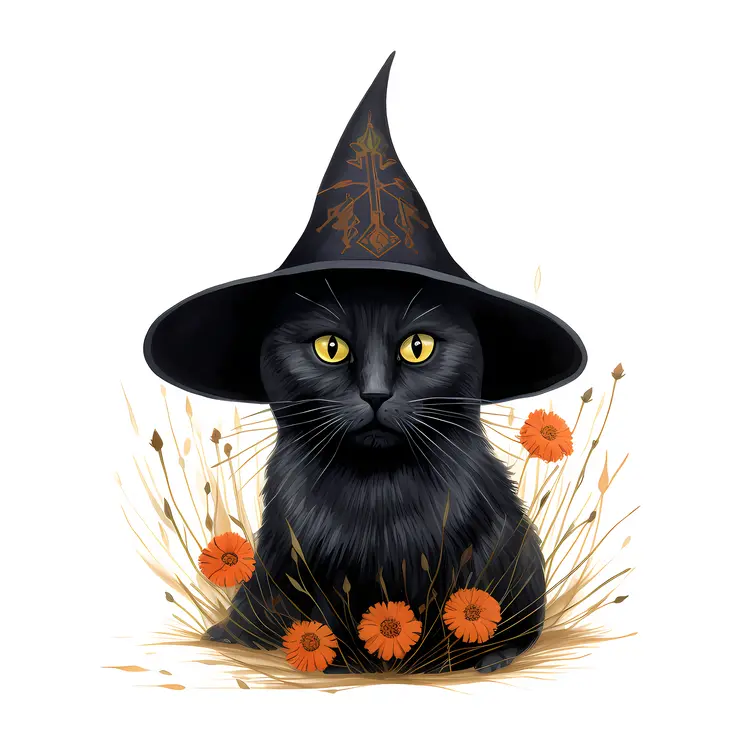 Black Cat with Witch Hat and Flowers