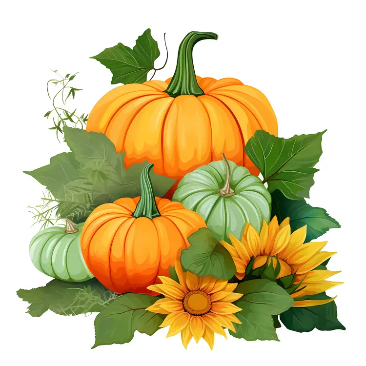 Pumpkins and Sunflowers with Autumn Leaves