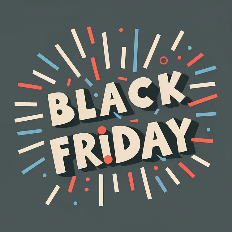 Black Friday Text with Confetti and Rays