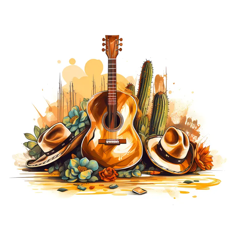 Guitar Surrounded by Hats and Cactus