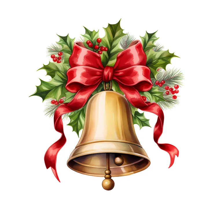Golden Bell with Red Bow and Holly