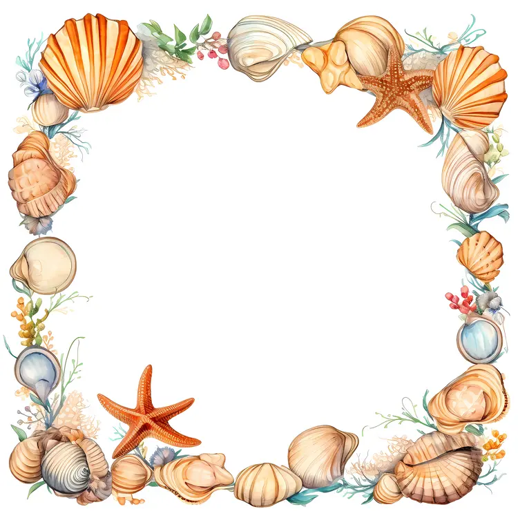 Seashell and Starfish Frame with Seaweed