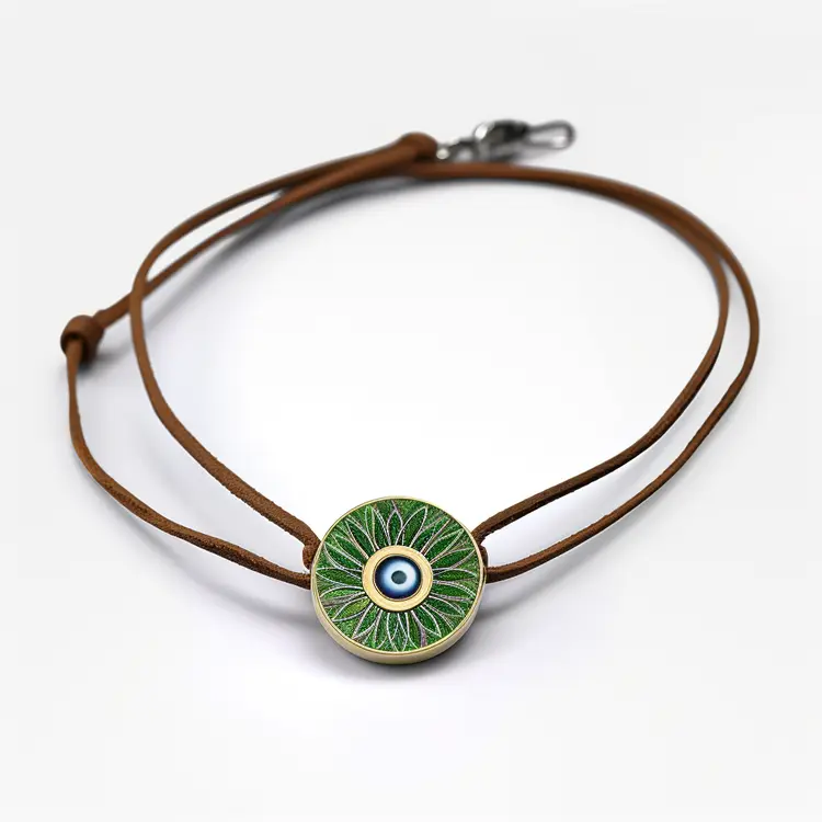 Green Evil Eye Necklace with Leather Cord