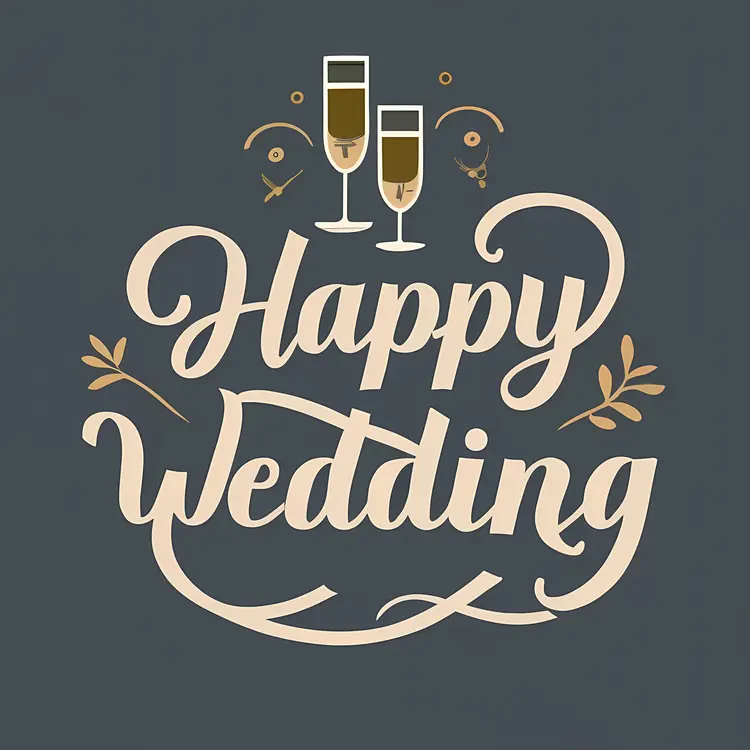 Happy Wedding Text with Bottles of Champagne