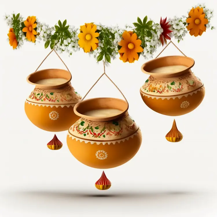 Traditional Clay Pots with Floral Garland for Janmashtami Celebration